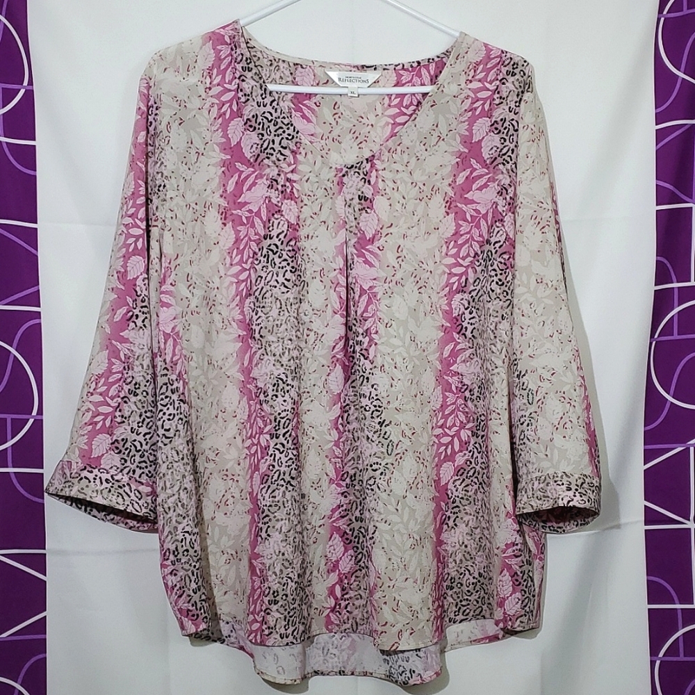 Northern Reflections Pink/Black/White Leaf& Animal Print Flowy 3/4 Sleeve, Sz XL